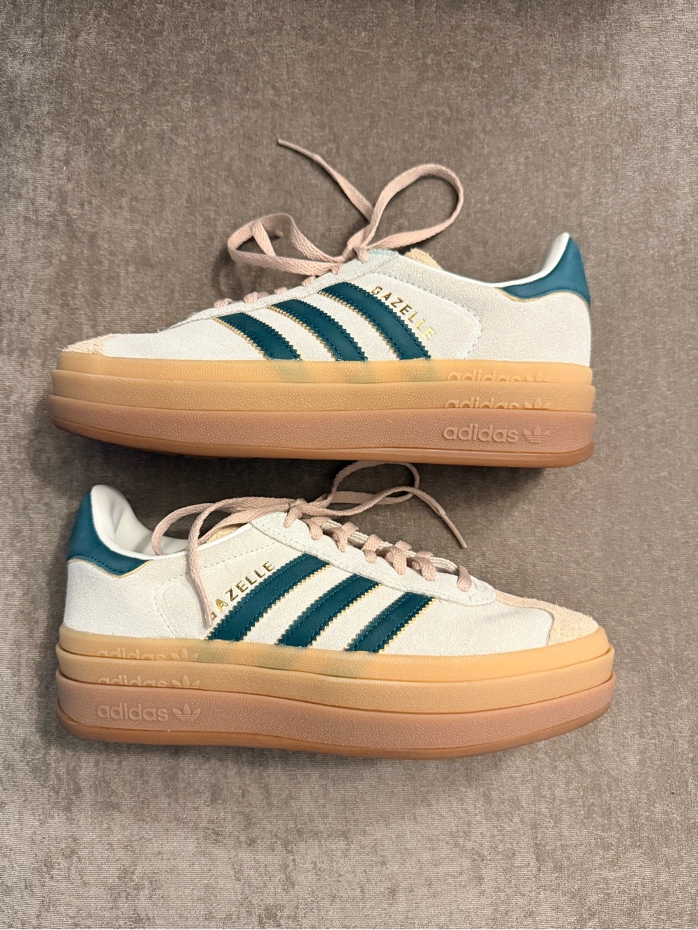 adidas Gazelle Platform Sneakers in Cream with Teal Stripes